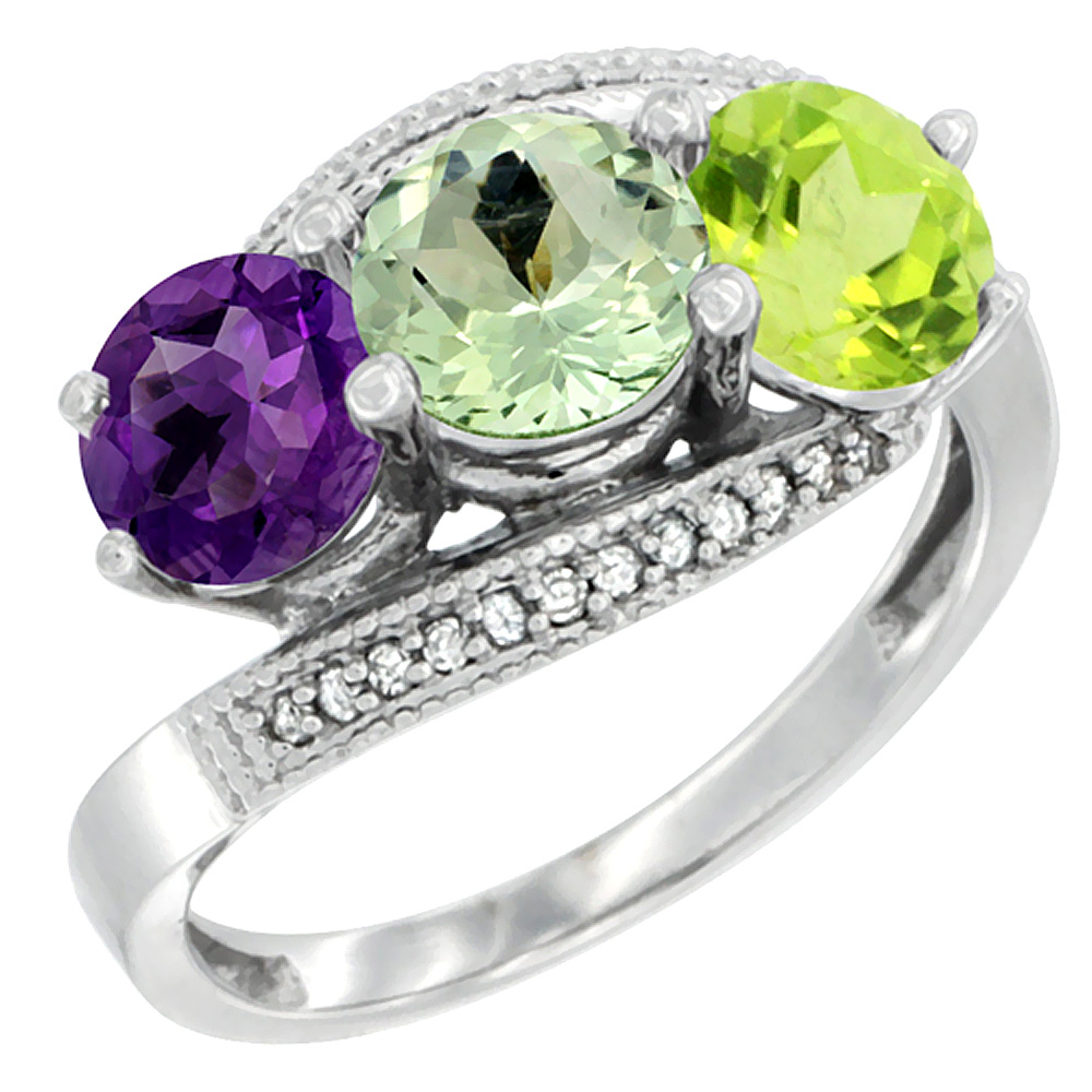 10K White Gold Natural Amethyst, Green Amethyst &amp; Peridot 3 stone Ring Round 6mm Diamond Accent, sizes 5 - 10