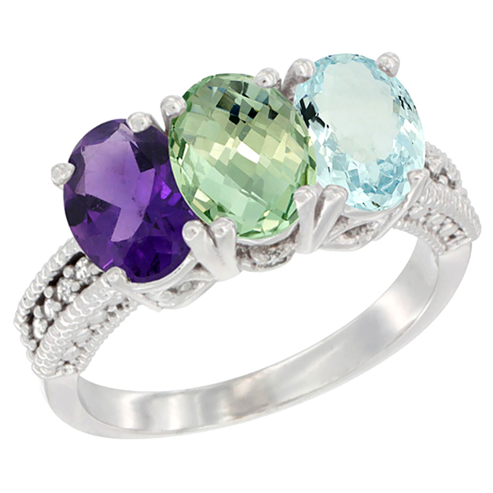 14K White Gold Natural Amethyst, Green Amethyst & Aquamarine Ring 3-Stone 7x5 mm Oval Diamond Accent, sizes 5 - 10