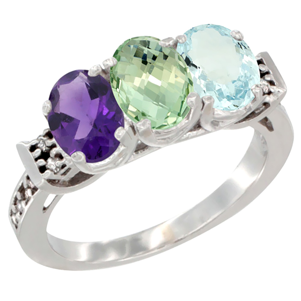 14K White Gold Natural Amethyst, Green Amethyst &amp; Aquamarine Ring 3-Stone 7x5 mm Oval Diamond Accent, sizes 5 - 10