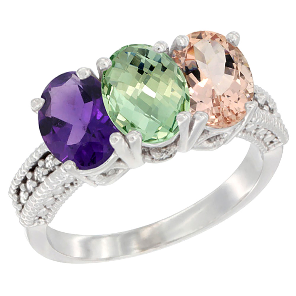 14K White Gold Natural Amethyst, Green Amethyst &amp; Morganite Ring 3-Stone 7x5 mm Oval Diamond Accent, sizes 5 - 10