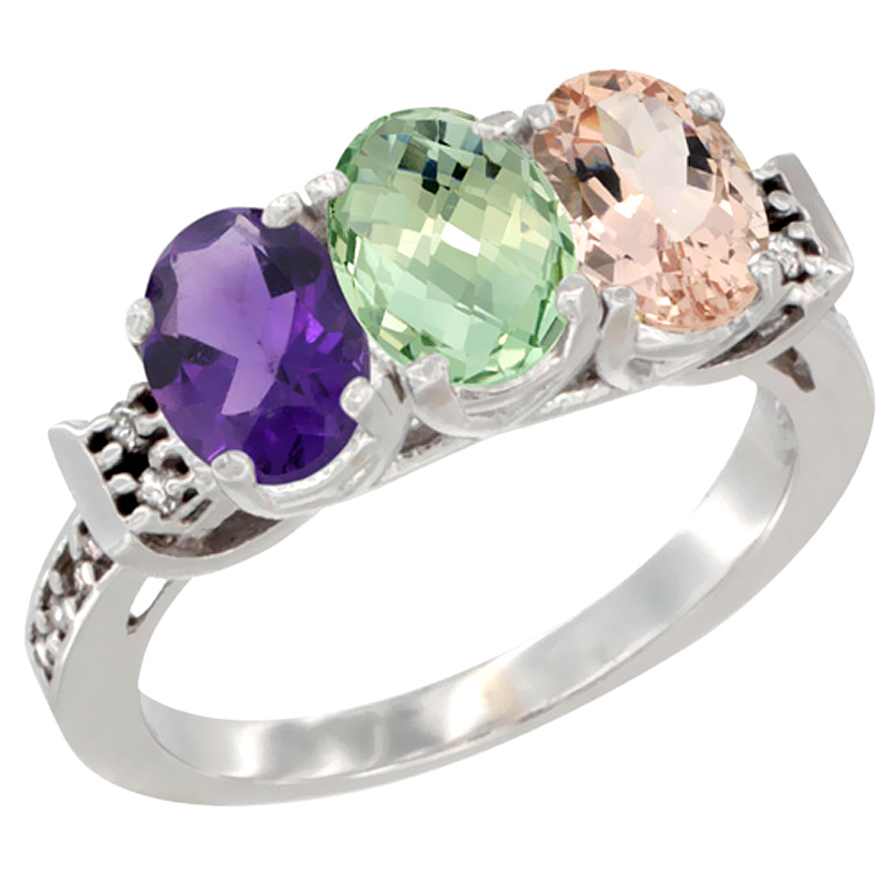 10K White Gold Natural Amethyst, Green Amethyst & Morganite Ring 3-Stone Oval 7x5 mm Diamond Accent, sizes 5 - 10