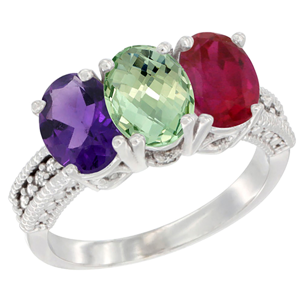 10K White Gold Natural Amethyst, Green Amethyst &amp; Enhanced Ruby Ring 3-Stone Oval 7x5 mm Diamond Accent, sizes 5 - 10
