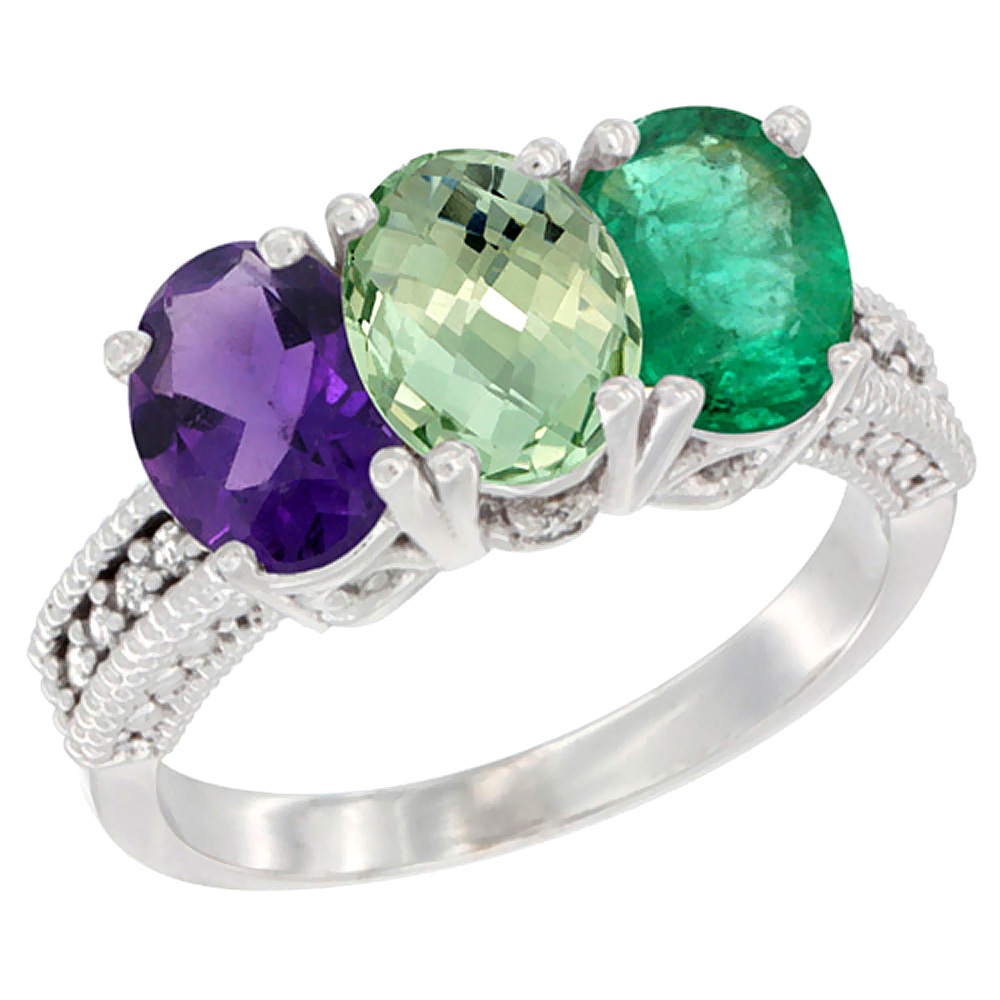 14K White Gold Natural Amethyst, Green Amethyst & Emerald Ring 3-Stone 7x5 mm Oval Diamond Accent, sizes 5 - 10