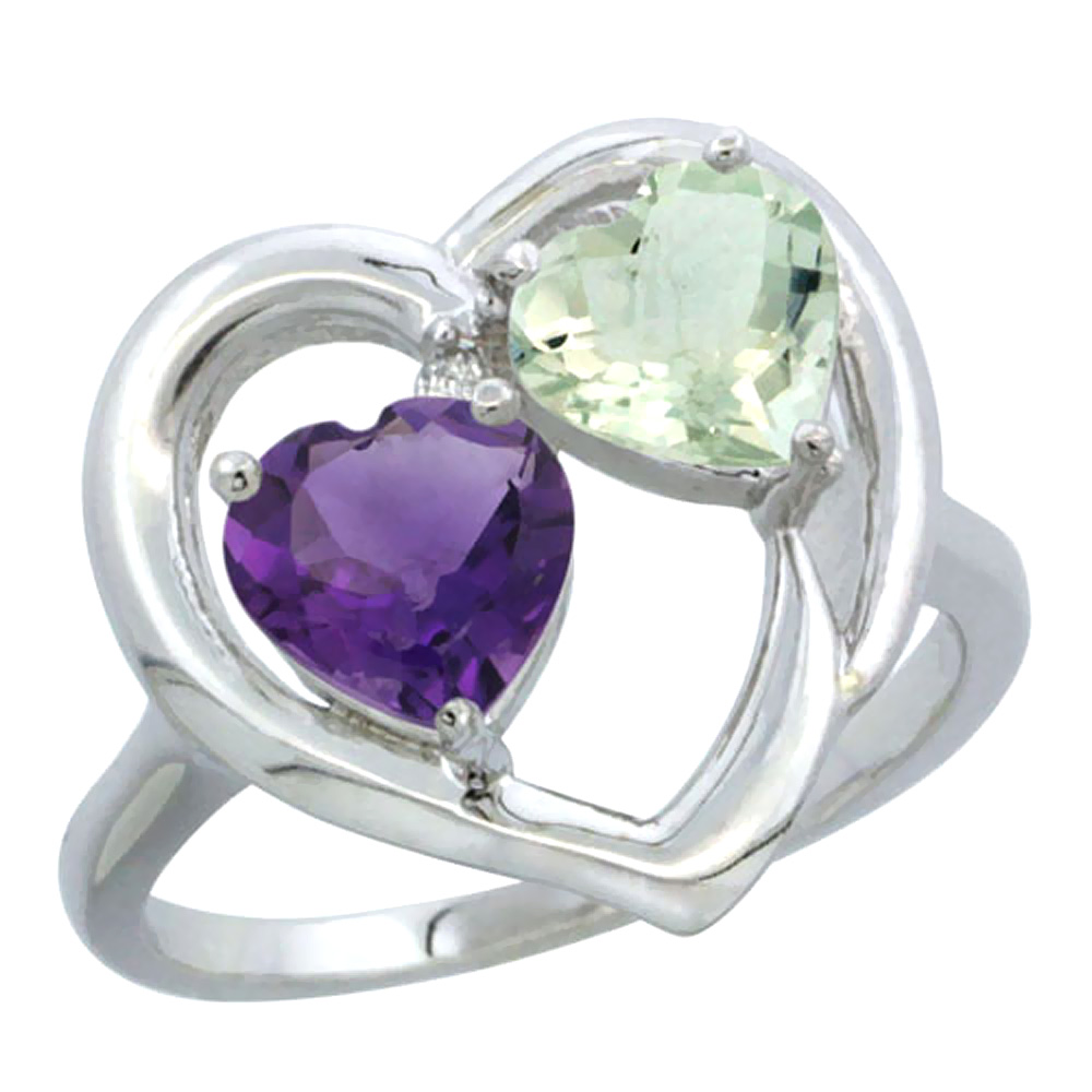 14K White Gold Diamond Two-stone Heart Ring 6mm Natural Amethyst & Green Amethyst, sizes 5-10