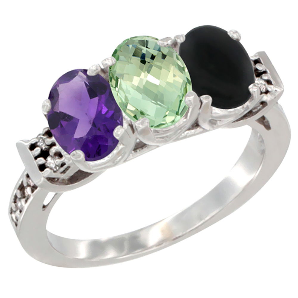 14K White Gold Natural Amethyst, Green Amethyst & Black Onyx Ring 3-Stone 7x5 mm Oval Diamond Accent, sizes 5 - 10