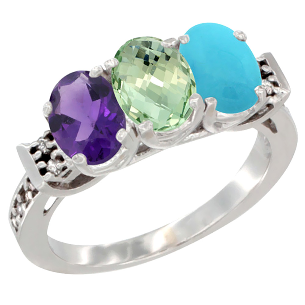 14K White Gold Natural Amethyst, Green Amethyst & Turquoise Ring 3-Stone 7x5 mm Oval Diamond Accent, sizes 5 - 10