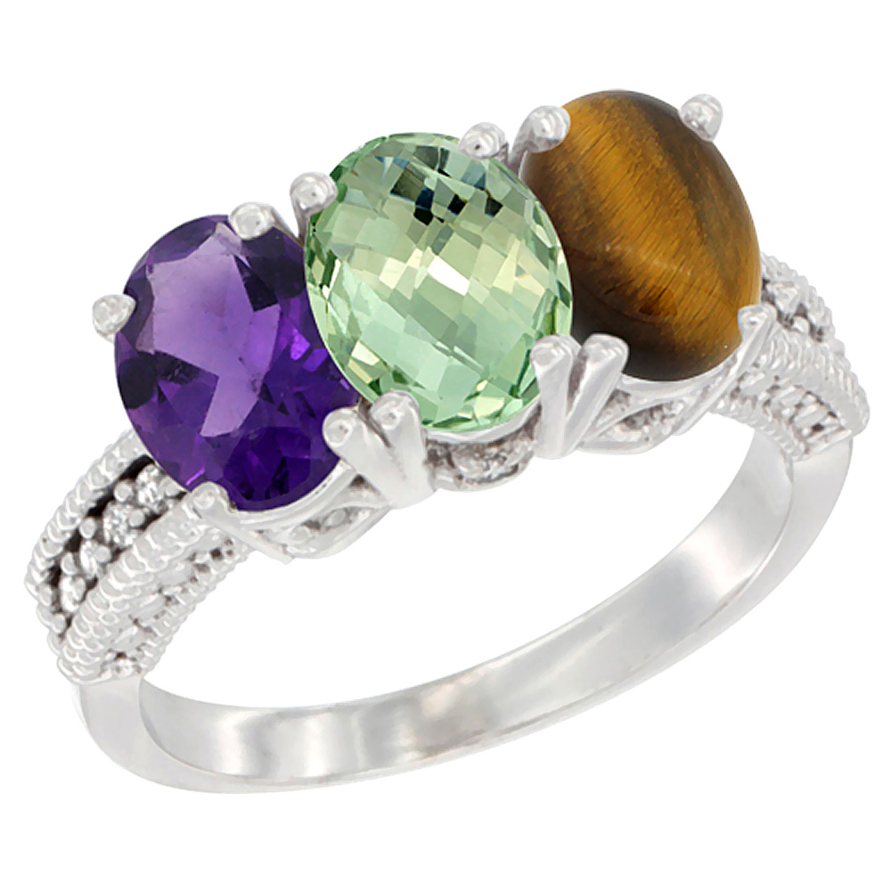 14K White Gold Natural Amethyst, Green Amethyst &amp; Tiger Eye Ring 3-Stone 7x5 mm Oval Diamond Accent, sizes 5 - 10