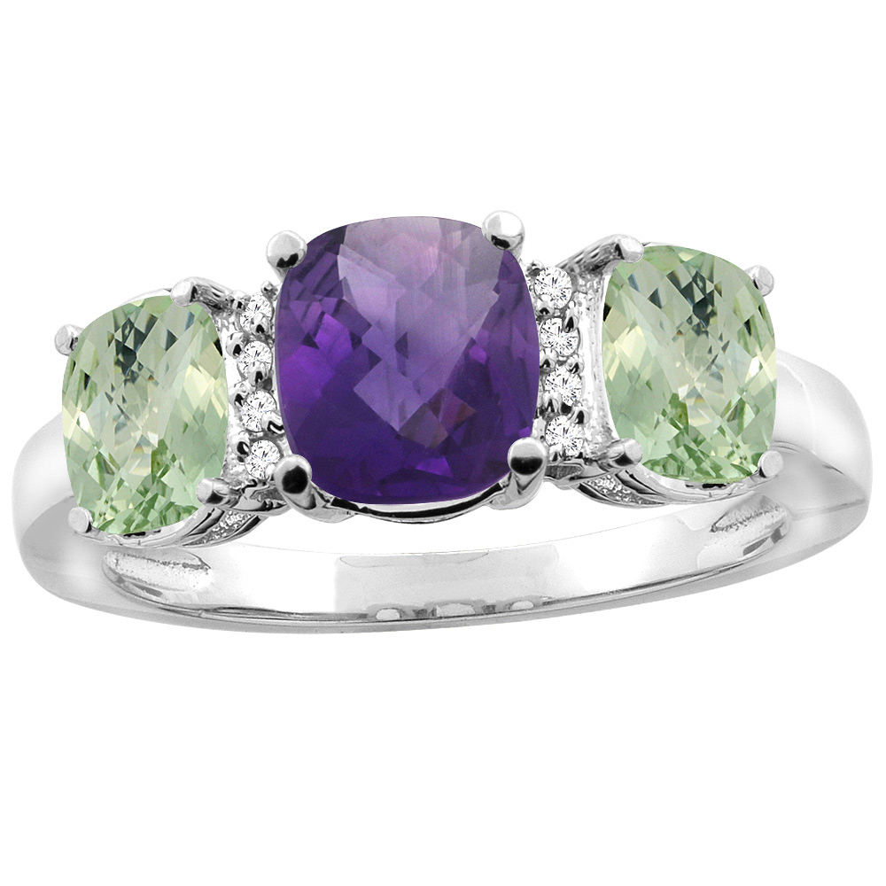 10K Yellow Gold Natural Amethyst &amp; Green Amethyst 3-stone Ring Cushion 8x6mm Diamond Accent, sizes 5 - 10