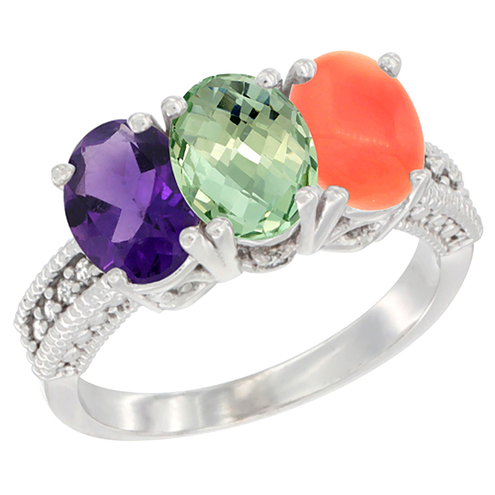10K White Gold Natural Amethyst, Green Amethyst &amp; Coral Ring 3-Stone Oval 7x5 mm Diamond Accent, sizes 5 - 10