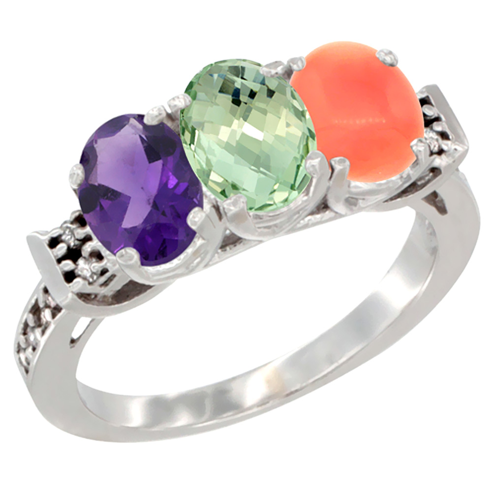 14K White Gold Natural Amethyst, Green Amethyst & Coral Ring 3-Stone 7x5 mm Oval Diamond Accent, sizes 5 - 10