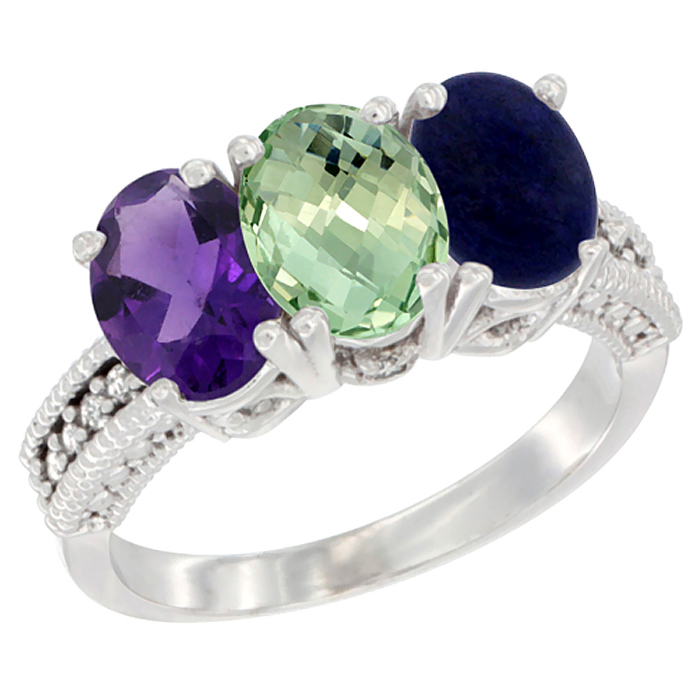 14K White Gold Natural Amethyst, Green Amethyst &amp; Lapis Ring 3-Stone 7x5 mm Oval Diamond Accent, sizes 5 - 10
