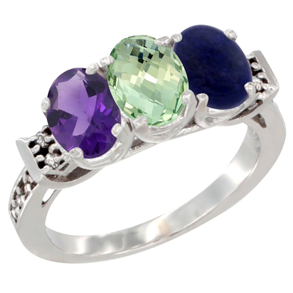10K White Gold Natural Amethyst, Green Amethyst &amp; Lapis Ring 3-Stone Oval 7x5 mm Diamond Accent, sizes 5 - 10