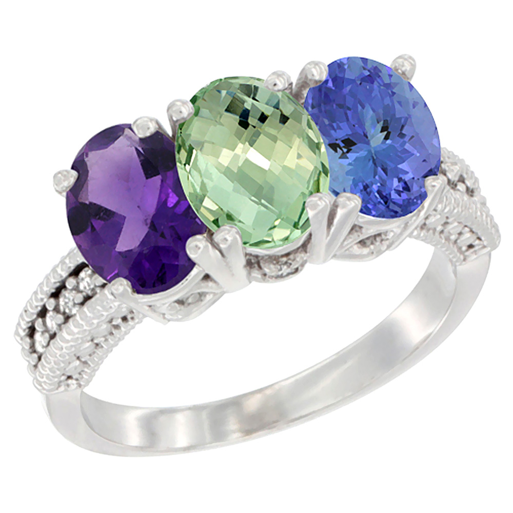 10K White Gold Natural Amethyst, Green Amethyst &amp; Tanzanite Ring 3-Stone Oval 7x5 mm Diamond Accent, sizes 5 - 10