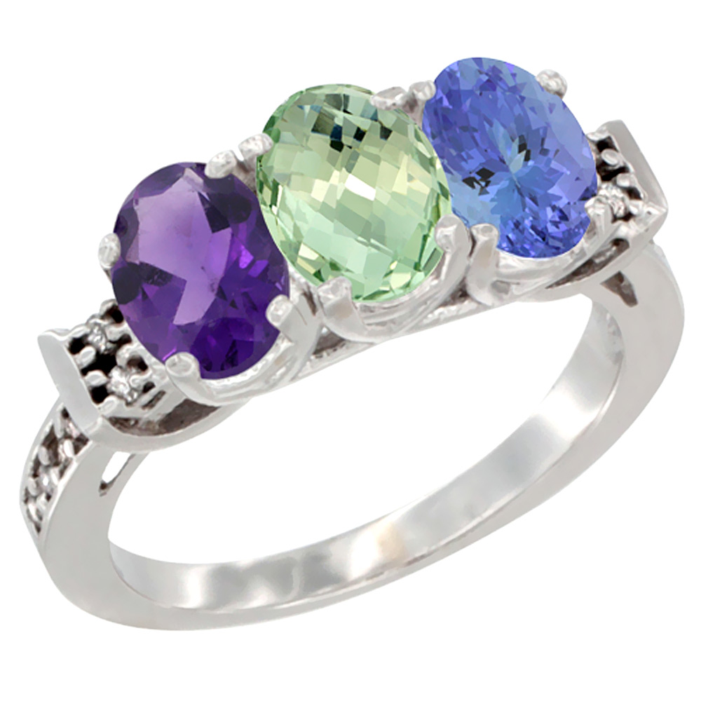 14K White Gold Natural Amethyst, Green Amethyst & Tanzanite Ring 3-Stone 7x5 mm Oval Diamond Accent, sizes 5 - 10