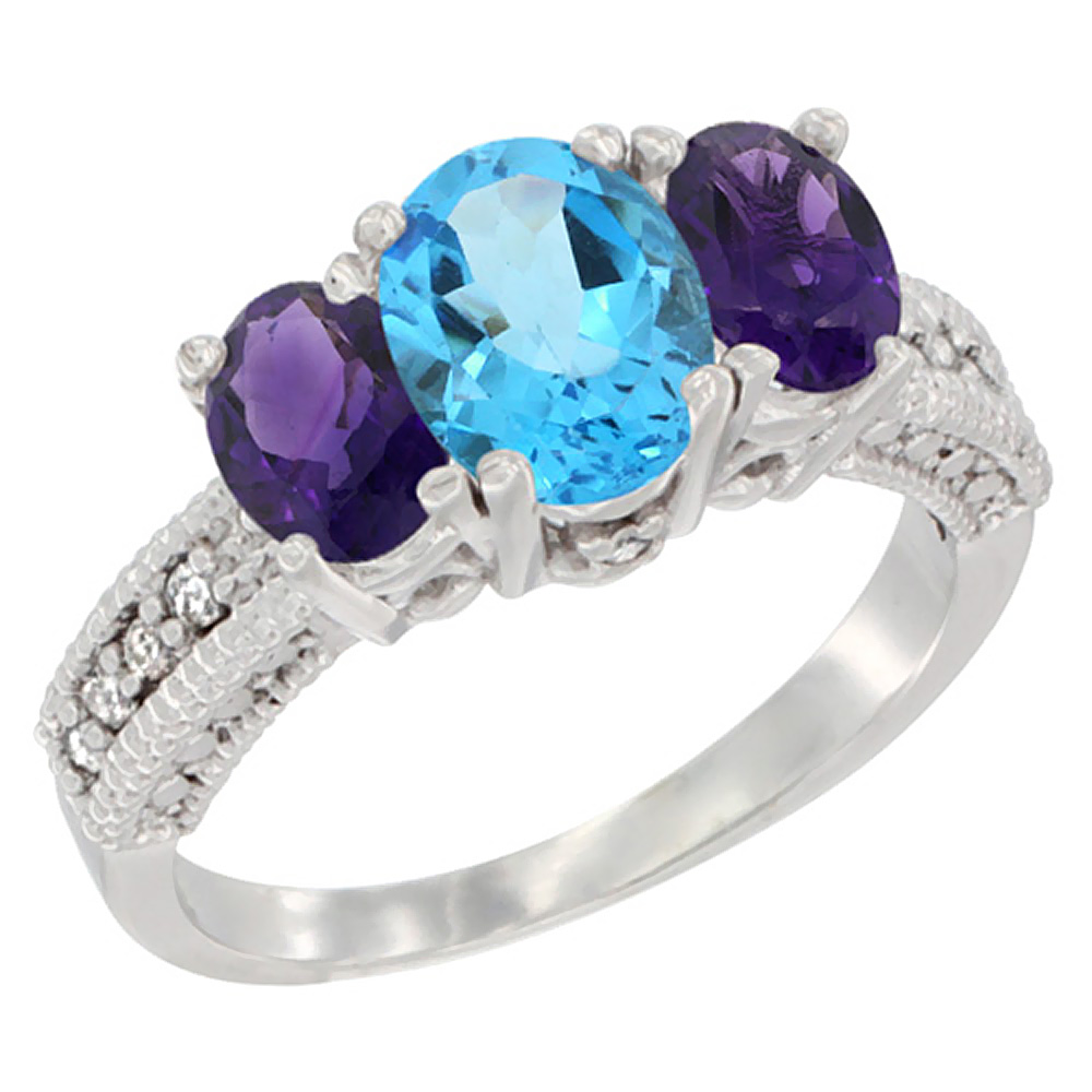 10K White Gold Diamond Natural Swiss Blue Topaz Ring Oval 3-stone with Amethyst, sizes 5 - 10