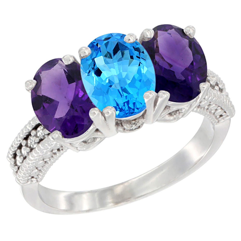 10K White Gold Natural Swiss Blue Topaz & Amethyst Sides Ring 3-Stone Oval 7x5 mm Diamond Accent, sizes 5 - 10