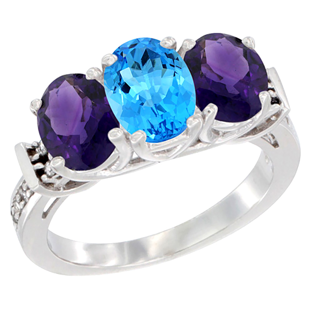 10K White Gold Natural Swiss Blue Topaz & Amethyst Sides Ring 3-Stone Oval Diamond Accent, sizes 5 - 10