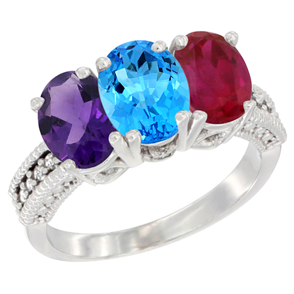 10K White Gold Natural Amethyst, Swiss Blue Topaz &amp; Enhanced Ruby Ring 3-Stone Oval 7x5 mm Diamond Accent, sizes 5 - 10