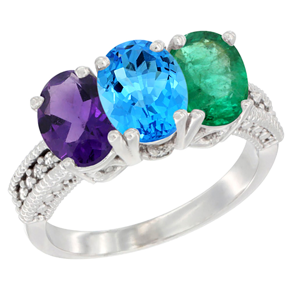 14K White Gold Natural Amethyst, Swiss Blue Topaz &amp; Emerald Ring 3-Stone 7x5 mm Oval Diamond Accent, sizes 5 - 10