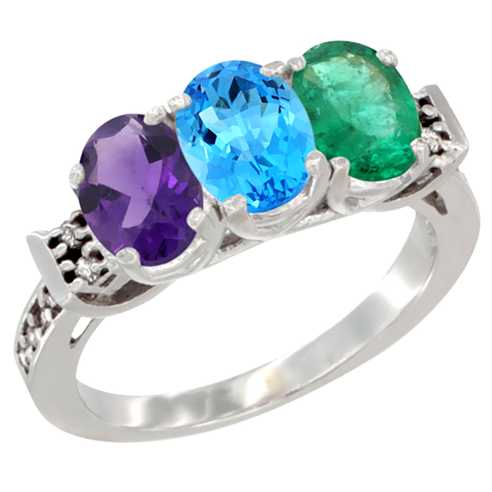 14K White Gold Natural Amethyst, Swiss Blue Topaz &amp; Emerald Ring 3-Stone 7x5 mm Oval Diamond Accent, sizes 5 - 10