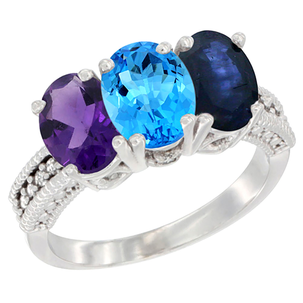 14K White Gold Natural Amethyst, Swiss Blue Topaz &amp; Blue Sapphire Ring 3-Stone 7x5 mm Oval Diamond Accent, sizes 5 - 10