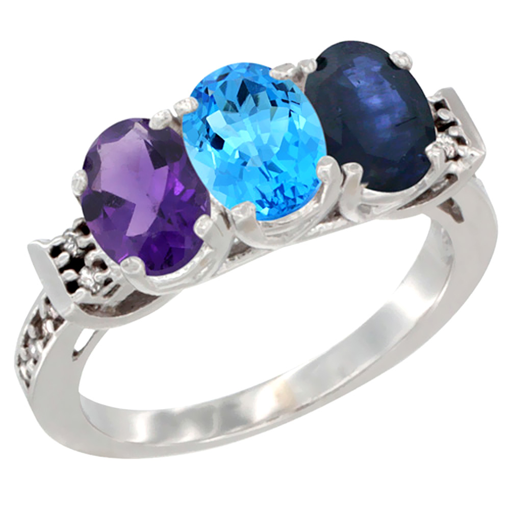 14K White Gold Natural Amethyst, Swiss Blue Topaz &amp; Blue Sapphire Ring 3-Stone 7x5 mm Oval Diamond Accent, sizes 5 - 10