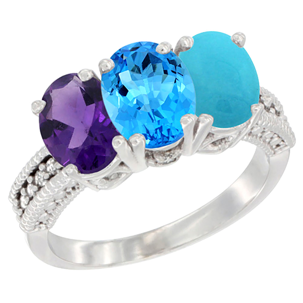 14K White Gold Natural Amethyst, Swiss Blue Topaz &amp; Turquoise Ring 3-Stone 7x5 mm Oval Diamond Accent, sizes 5 - 10