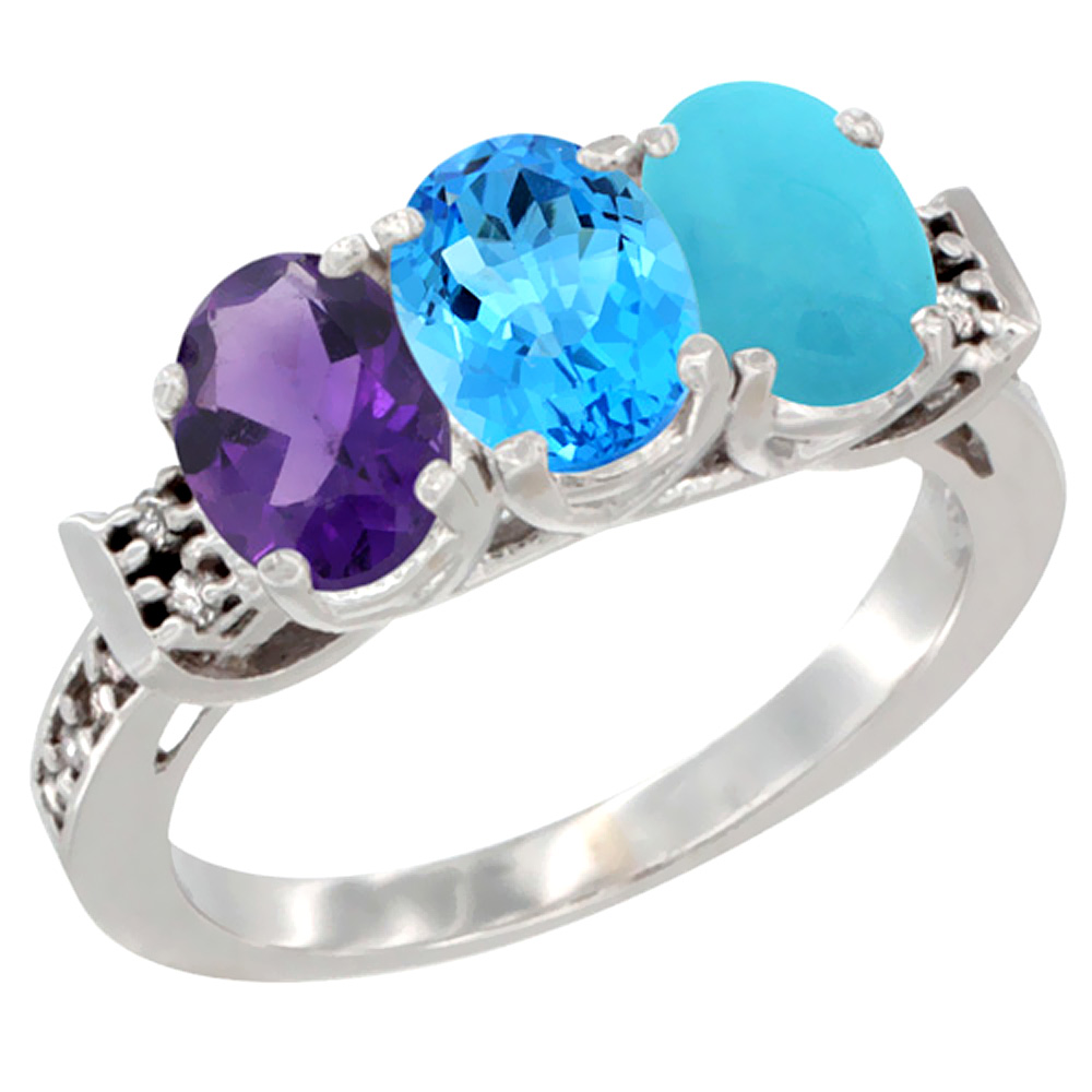 10K White Gold Natural Amethyst, Swiss Blue Topaz &amp; Turquoise Ring 3-Stone Oval 7x5 mm Diamond Accent, sizes 5 - 10