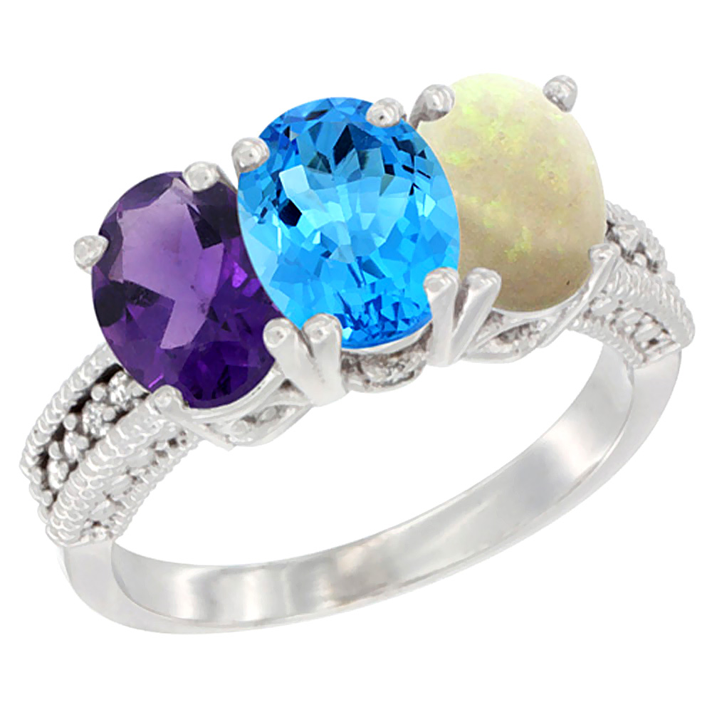 10K White Gold Natural Amethyst, Swiss Blue Topaz &amp; Opal Ring 3-Stone Oval 7x5 mm Diamond Accent, sizes 5 - 10