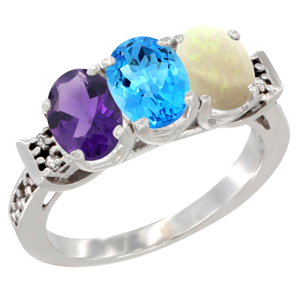 10K White Gold Natural Amethyst, Swiss Blue Topaz & Opal Ring 3-Stone Oval 7x5 mm Diamond Accent, sizes 5 - 10