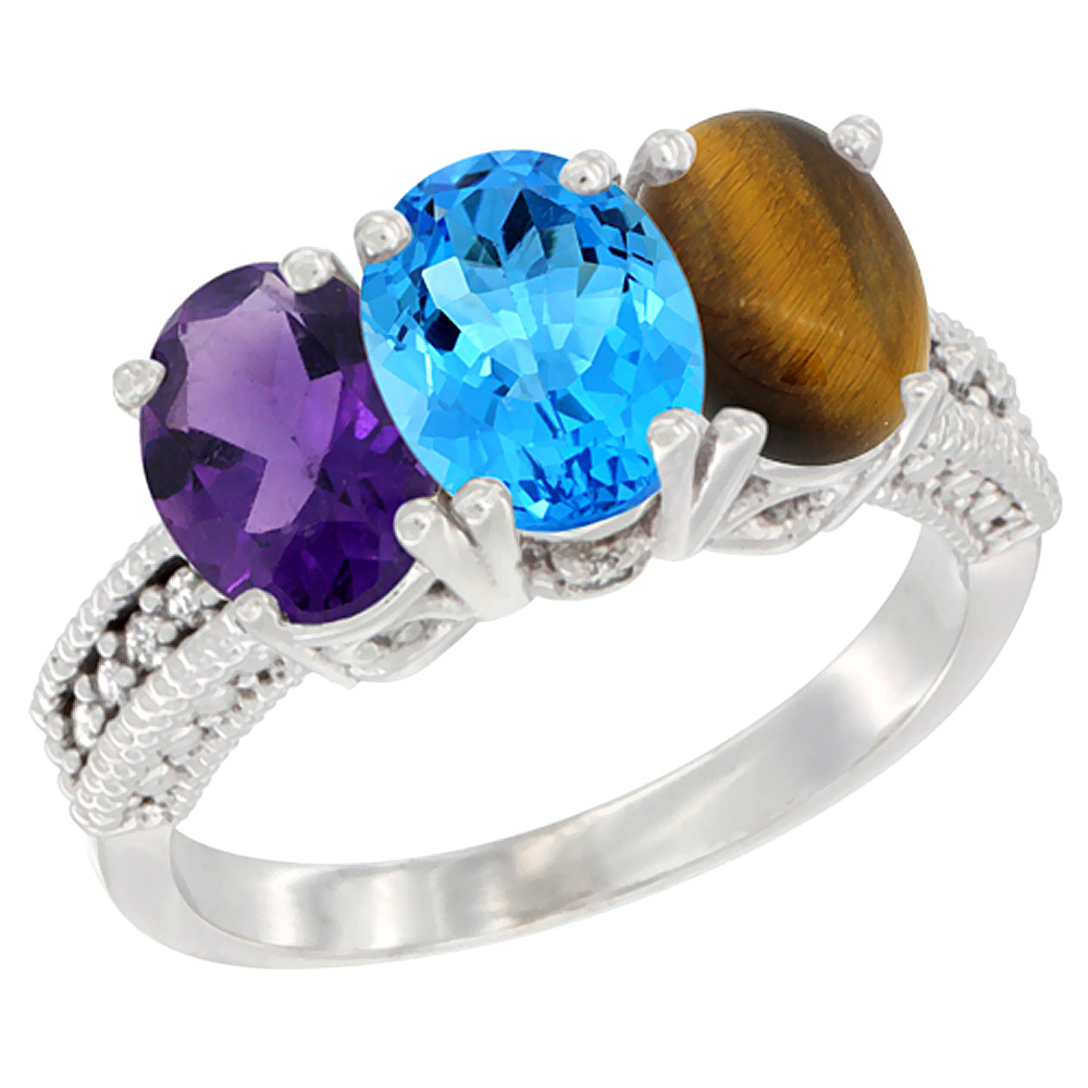 10K White Gold Natural Amethyst, Swiss Blue Topaz &amp; Tiger Eye Ring 3-Stone Oval 7x5 mm Diamond Accent, sizes 5 - 10