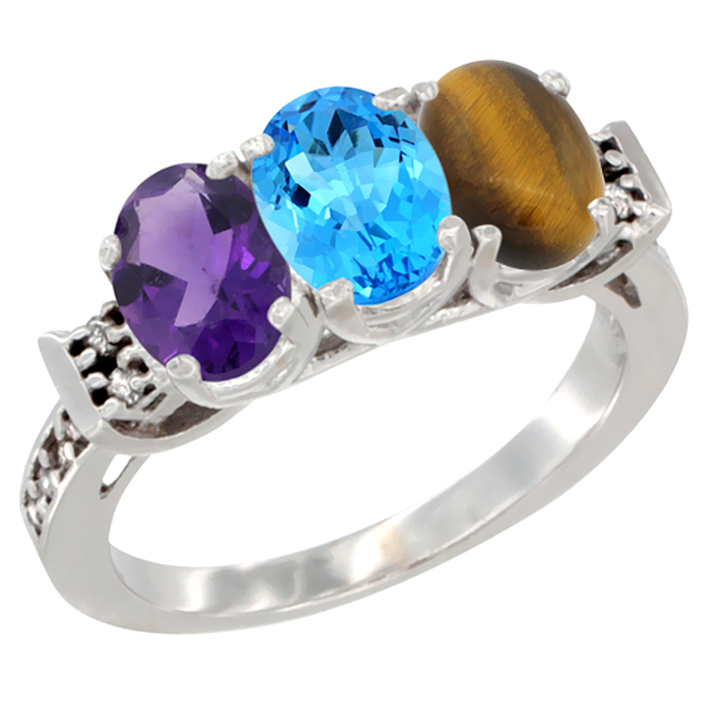 14K White Gold Natural Amethyst, Swiss Blue Topaz &amp; Tiger Eye Ring 3-Stone 7x5 mm Oval Diamond Accent, sizes 5 - 10