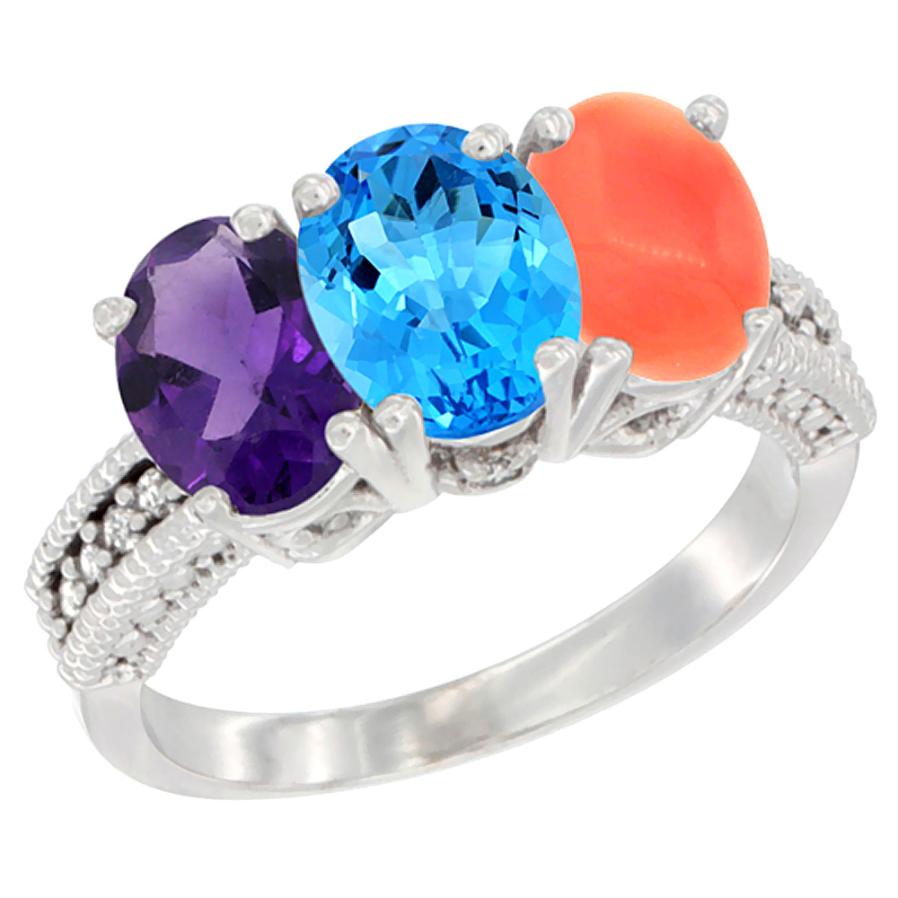 14K White Gold Natural Amethyst, Swiss Blue Topaz & Coral Ring 3-Stone 7x5 mm Oval Diamond Accent, sizes 5 - 10