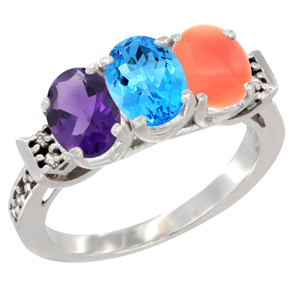 10K White Gold Natural Amethyst, Swiss Blue Topaz & Coral Ring 3-Stone Oval 7x5 mm Diamond Accent, sizes 5 - 10