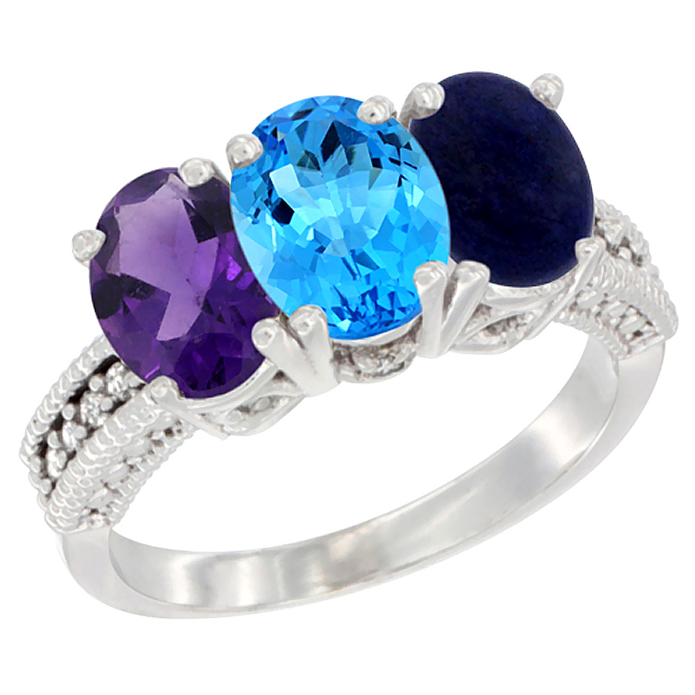 10K White Gold Natural Amethyst, Swiss Blue Topaz &amp; Lapis Ring 3-Stone Oval 7x5 mm Diamond Accent, sizes 5 - 10