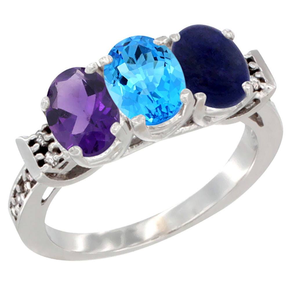 14K White Gold Natural Amethyst, Swiss Blue Topaz &amp; Lapis Ring 3-Stone 7x5 mm Oval Diamond Accent, sizes 5 - 10