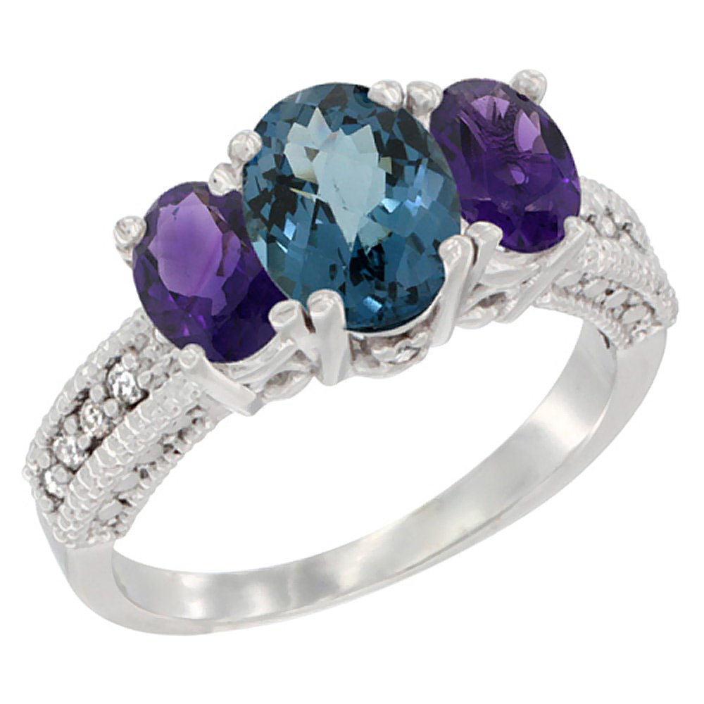14K White Gold Diamond Natural London Blue Topaz Ring Oval 3-stone with Amethyst, sizes 5 - 10