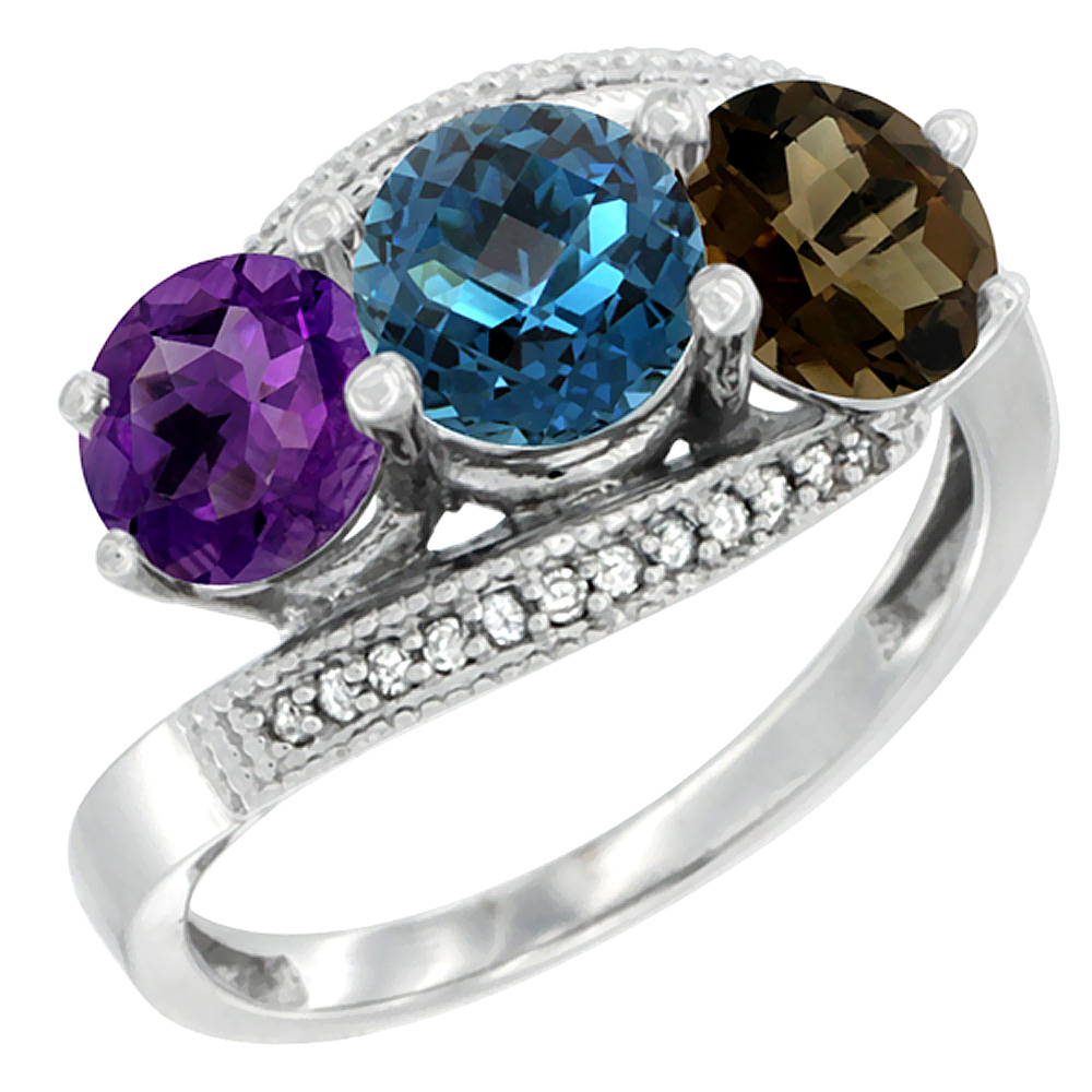 10K White Gold Natural Amethyst, London Blue &amp; Smoky Topaz 3 stone Ring Round 6mm Diamond Accent, sizes 5 - 10