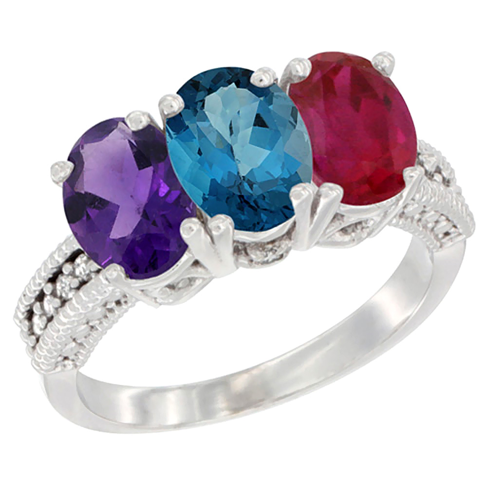 10K White Gold Natural Amethyst, London Blue Topaz &amp; Enhanced Ruby Ring 3-Stone Oval 7x5 mm Diamond Accent, sizes 5 - 10