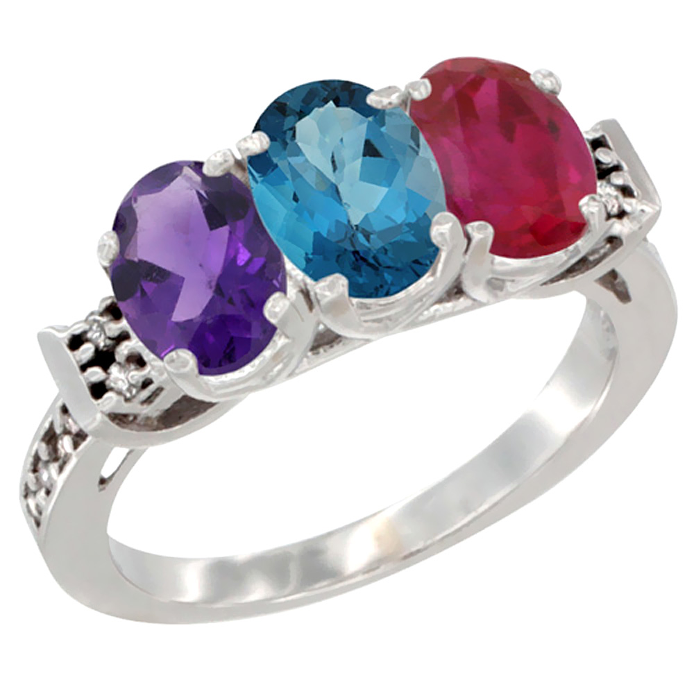 14K White Gold Natural Amethyst, London Blue Topaz & Enhanced Ruby Ring 3-Stone 7x5 mm Oval Diamond Accent, sizes 5 - 10
