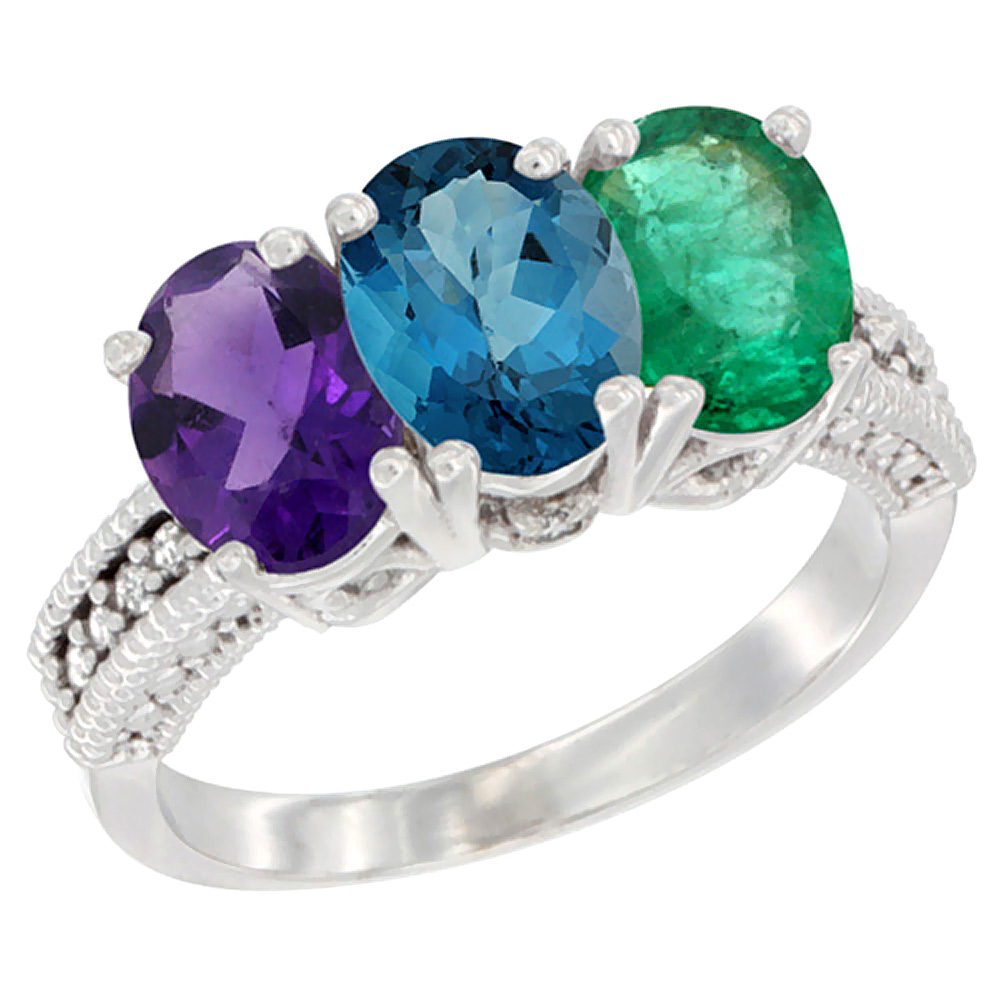 14K White Gold Natural Amethyst, London Blue Topaz &amp; Emerald Ring 3-Stone 7x5 mm Oval Diamond Accent, sizes 5 - 10