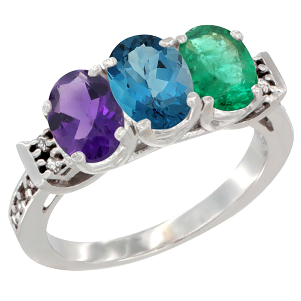 14K White Gold Natural Amethyst, London Blue Topaz &amp; Emerald Ring 3-Stone 7x5 mm Oval Diamond Accent, sizes 5 - 10