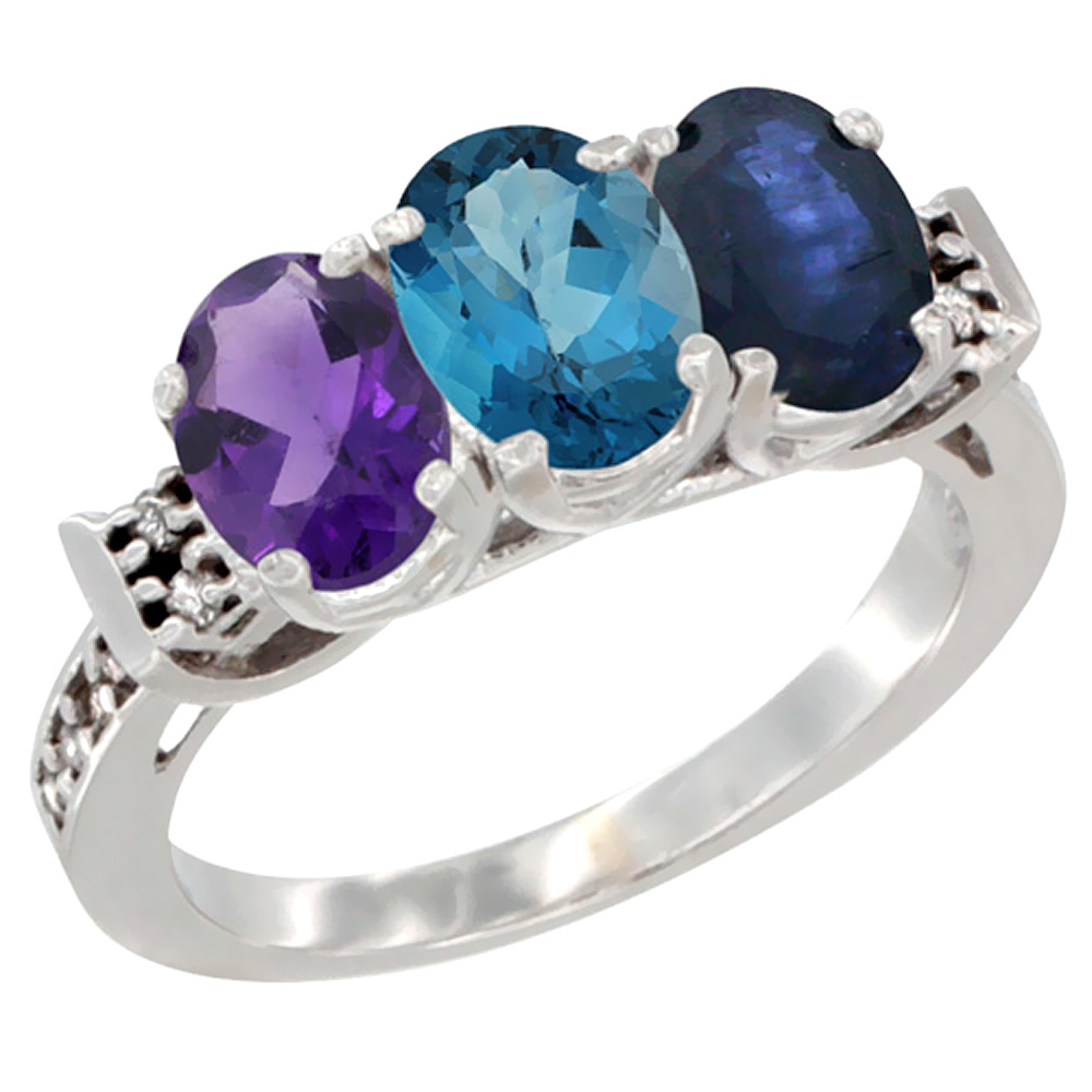 10K White Gold Natural Amethyst, London Blue Topaz &amp; Blue Sapphire Ring 3-Stone Oval 7x5 mm Diamond Accent, sizes 5 - 10