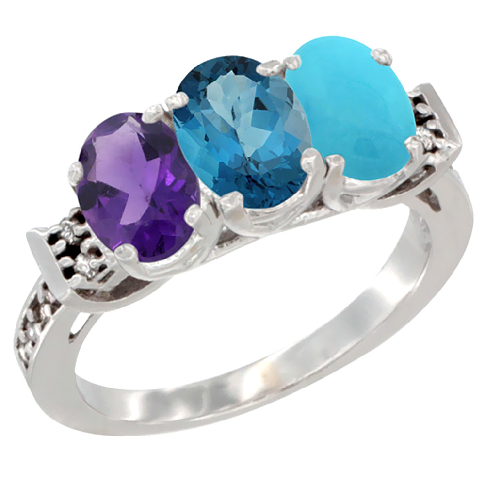 10K White Gold Natural Amethyst, London Blue Topaz &amp; Turquoise Ring 3-Stone Oval 7x5 mm Diamond Accent, sizes 5 - 10