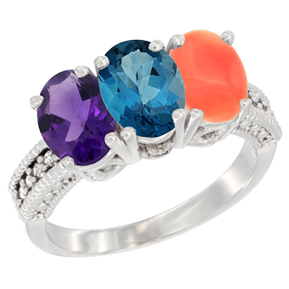 14K White Gold Natural Amethyst, London Blue Topaz &amp; Coral Ring 3-Stone 7x5 mm Oval Diamond Accent, sizes 5 - 10