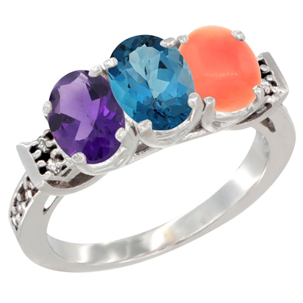 10K White Gold Natural Amethyst, London Blue Topaz & Coral Ring 3-Stone Oval 7x5 mm Diamond Accent, sizes 5 - 10