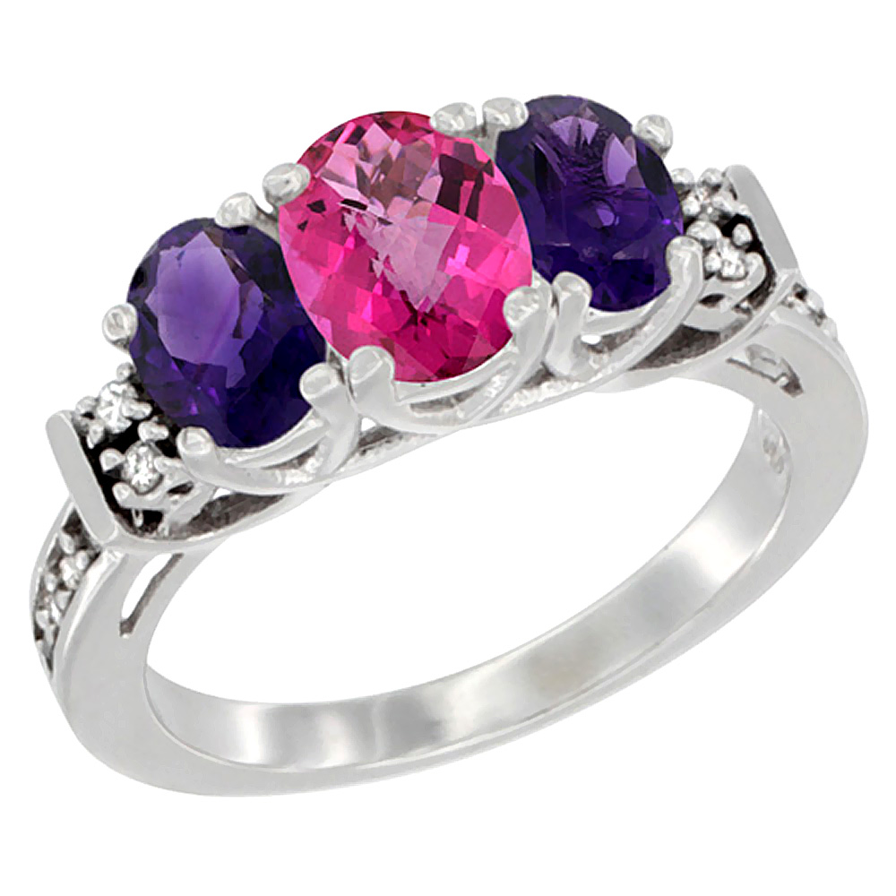 10K White Gold Natural Pink Topaz & Amethyst Ring 3-Stone Oval Diamond Accent, sizes 5-10
