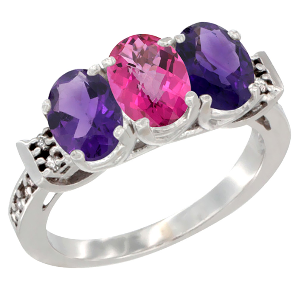 14K White Gold Natural Pink Topaz & Amethyst Sides Ring 3-Stone 7x5 mm Oval Diamond Accent, sizes 5 - 10