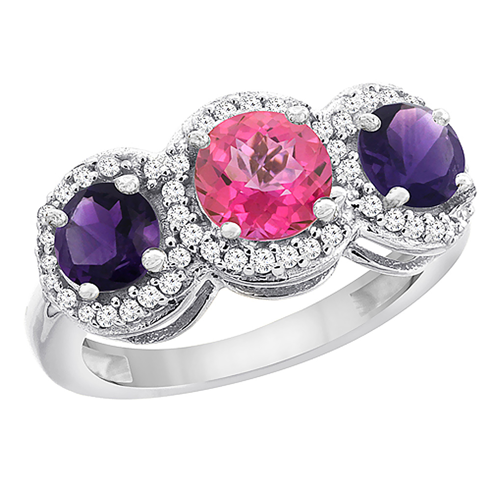 14K White Gold Natural Pink Topaz & Amethyst Sides Round 3-stone Ring Diamond Accents, sizes 5 - 10