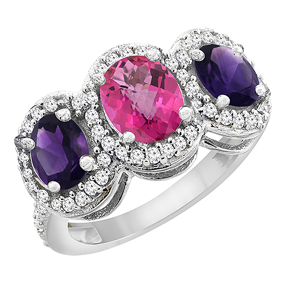 10K White Gold Natural Pink Topaz & Amethyst 3-Stone Ring Oval Diamond Accent, sizes 5 - 10